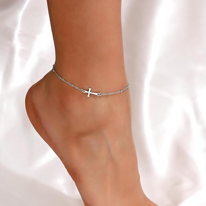 Ankle Bracelets for Women Dainty 18K Gold Plated Anklet Waterproof Round Beaded Paperclip Herringbone Pearl Chain Anklets Waterproof Beach Foot Jewelry