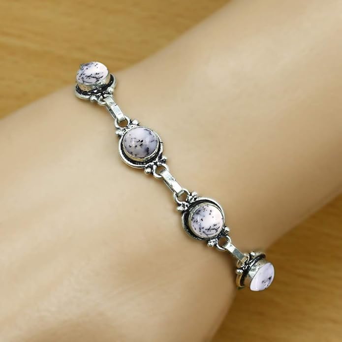 Round Shape Natural & Synthetic Gemstones Silver Plated Bracelets for Women - Vintage Bohemian Style Handmade Birthstone Adjustable Link Bracelet Jewelry Gifts for Wedding Anniversary Mother's Day