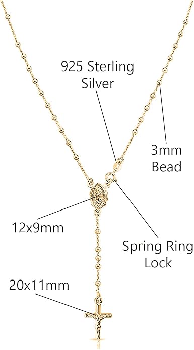 Savlano 925 Sterling Silver Italian Solid Bead Chain Cross & Rosary Virgin Mary Pendant -18K Gold Plated Y Necklace Comes With Gift Box for Women - Made in Italy
