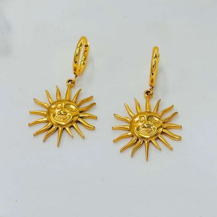 Sunburst Heart Dangle Hoop Earrings, 18K Gold Plated hypoallergenic Stainless Steel Cute Jewelry for Women daily Wear