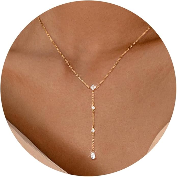 CHESKY Lariat Gold Necklace for Women Trendy, Dainty Long Necklace 14k Gold Plated/Silver Y-Shaped Pendant Necklace Layered Cz Beaded Chain Drop Necklaces Simple Gold Jewelry For Women Gift