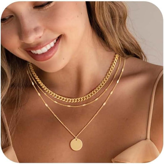 Layered Gold Silver Necklaces for Women, Stackable Stack 14K Real Gold Plated Silver Chain Necklace Diamond Circle CZ Layering Pendant Necklaces Trendy Gold Jewelry Set Gifts