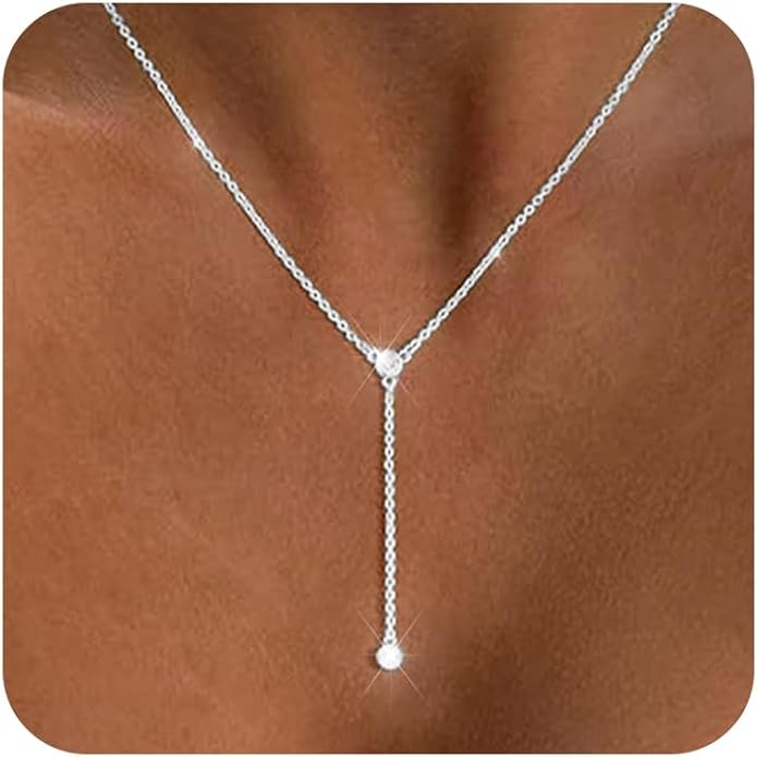 Gold Necklace for Women Trendy Lariat Y Necklace Dainty 14k Gold Plated/Silver Long Necklaces for Women Layered Beaded Drop Necklaces Simple Y-Shaped Chain Jewelry Gifts