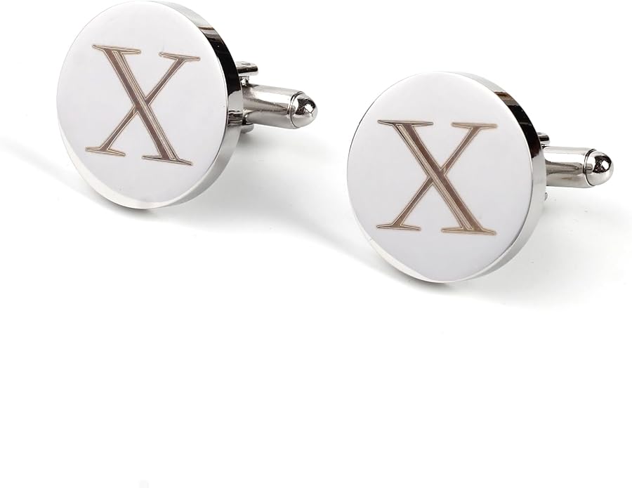 Mens Initial Silver Cufflinks A-Z Alphabet Letter Steel Cuff Links with Engraved Walnut Wood Box Groom Groomsman Wedding Set…