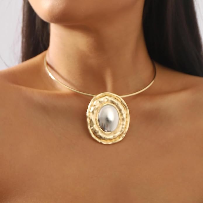 Fashion Chunky Statement Necklaces - African Choker Necklace with Gold Oval Pendant,Tribal Collar Necklace Hammered Metal Jewelry for Women