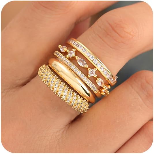 FUNEIA Stackable Gold Rings for Women Non Tarnish Trendy Dainty 14K Gold Plated Stacking Cubic Zirconia Thumb Ring Set Pack Statement Chunky Band Rings Promise Engagement Rings Size 7 8 9 10 11