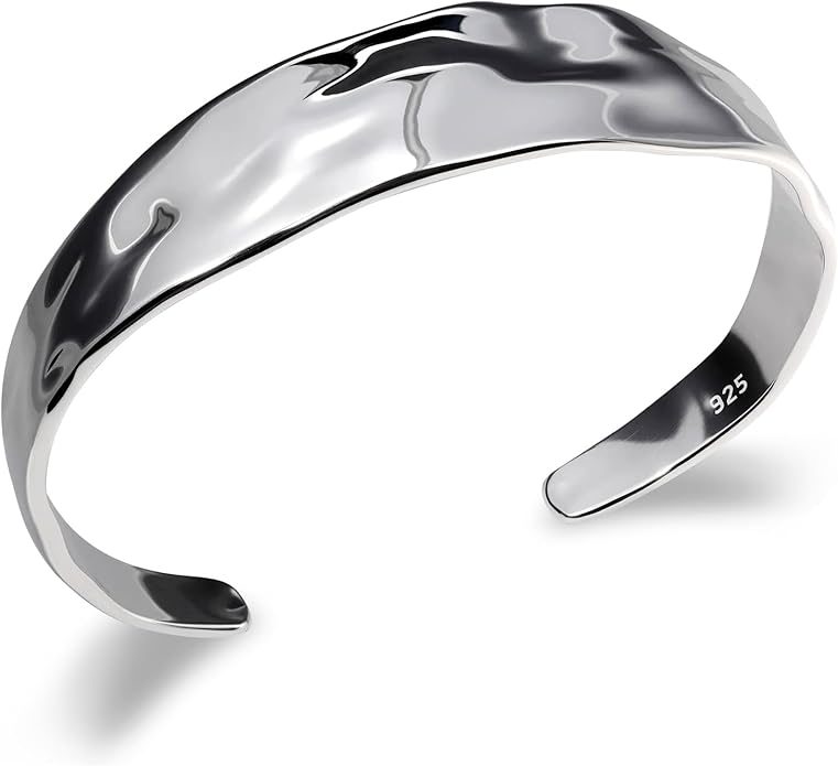 Sterling Silver Chunky Cuff Bracelet Vintage Hammered Texture Style Statement Open Bangle Bracelets for Women Men