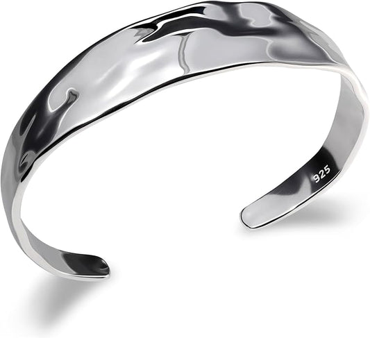 Sterling Silver Chunky Cuff Bracelet Vintage Hammered Texture Style Statement Open Bangle Bracelets for Women Men