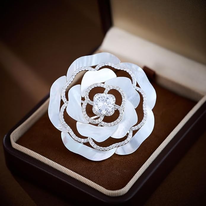 14K Gold Mother of Pearl Camellia Brooch, Luxury Moissanite Flower Pin, Sophisticated Accessory for Dinners and Parties