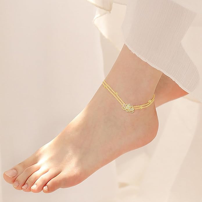 Solid 14K Gold Lotus Anklet for Women,14kt Real Gold Layered Beaded Opal Lotus Ankle Foot Beach Jewelry Gifts for Mother Wife Mom Sisters Birthday Anniversary,8+1+1 inch
