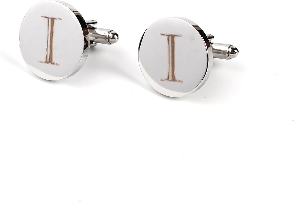 Mens Initial Silver Cufflinks A-Z Alphabet Letter Steel Cuff Links with Engraved Walnut Wood Box Groom Groomsman Wedding Set…