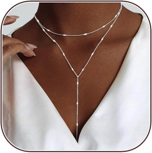 Lariat Gold Necklace for Women, Dainty Long Necklace 14k Gold Plated/Silver Y-Shaped Layered Beaded Chain Drop Necklaces for Women Trendy Simple Gold Jewelry for Women Gifts