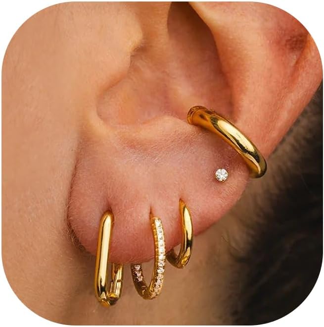 Small Gold Hoop Earrings Set for Women, 14K Gold Plated Lightweight Earrings Sets for Multiple Piercing, Hypoallergenic Huggie Gold Hoops Earrings for Women Jewelry