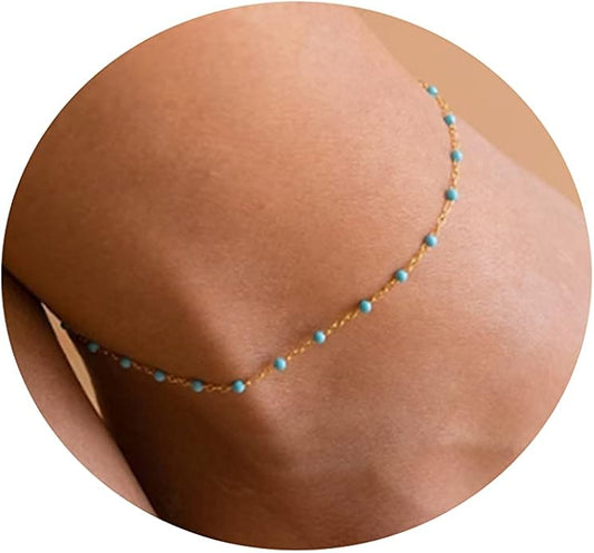 Dainty Ankle Bracelets for Women 18K Gold Plated Satellite Beaded Herringbone Chain Anklets Simple Lip Chain Anklet Minimalist Summer Beach Foot Jewelry Christmas