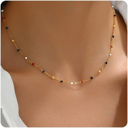 Gold Chain Necklace for Women Dainty 18K Gold Plated Thin Satellite Beaded Turquoise Necklace Simple Gold Boho Jewelry