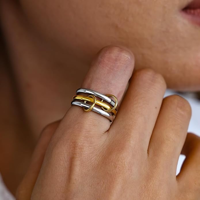 4 Pack Interlocked Stackable Rings for Women - 14K Gold Plated Statement 4 Mixed Metals Multi Ring Stack - Cubic Zirconia Two-Toned Connected Bands Stacking Jewelry