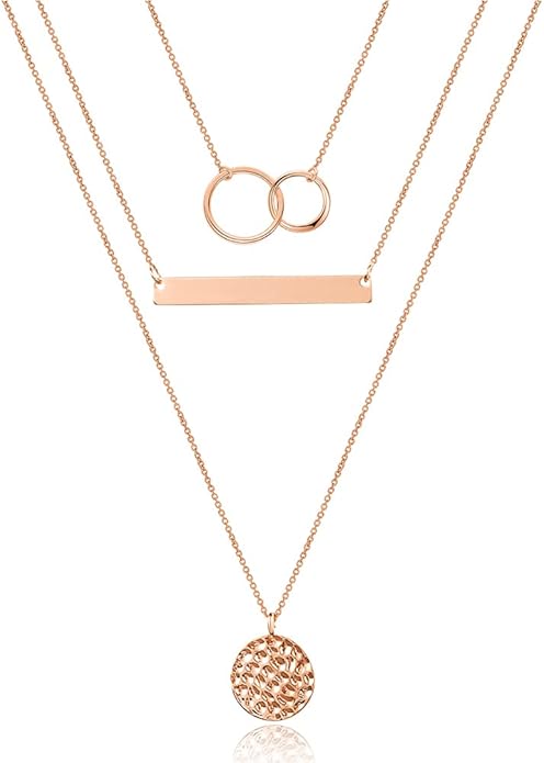 Turandoss Dainty Layered Choker Necklace, Handmade Y Pendant Necklace Multilayer Bar Disc Necklace Adjustable Layering Choker Necklaces for Women
