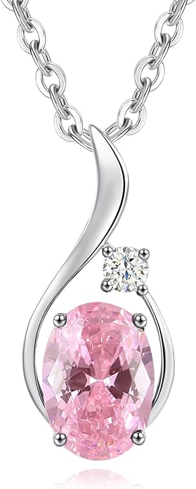 FANCIME 14K Solid White Gold Oval Gemstone Necklace with Diamond Pendant Gifts for Mom Women,16"+2" Inches