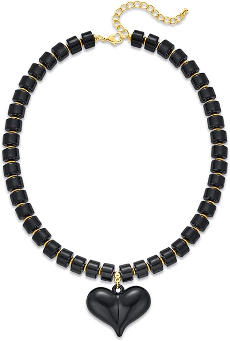 YUJIE Chunky Heart Penadnt Necklace for Women- Exaggerated Statement Puff Heart Necklace with Acrylic Beaded Chain