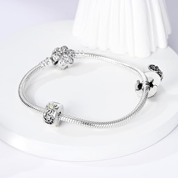 Parmuz Clip Spacer Charm for Bracelet 925 Sterling Silver Pave Cubic Zirconia Lock Stopper Bead Star Moon Evil Eye Jewelry Charm for Woman