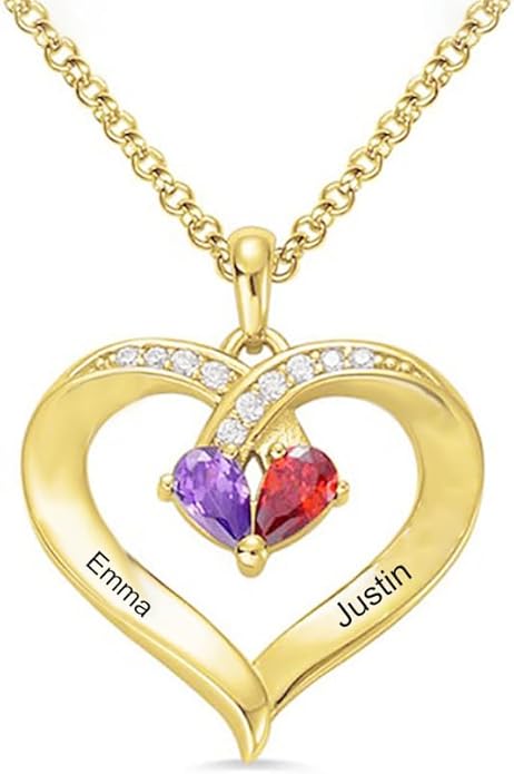 10K 14K 18K Solid Gold Personalized Name Birthstone Necklace for Couple, Real Gold Customized 2 Birthstone Heart Necklace Custom Any Name Valentine's Day Gifts for Her