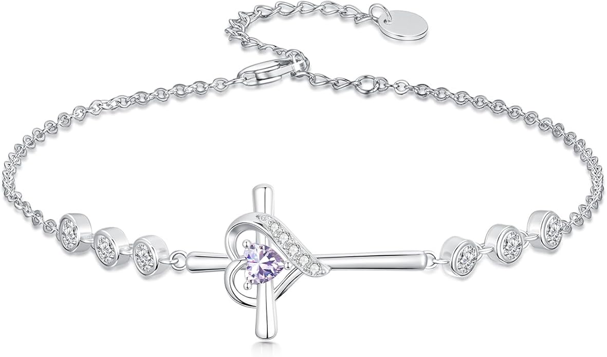 Cross Birthstone Charm Link Bracelet 925 Sterling Silver Cross Bracelet with 12 Months Birthstone Religious Christian Jewelry Gifts for Women Mom Her,Chain Length 7"+2" Extend