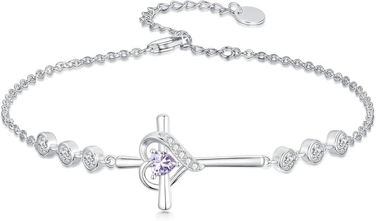 Cross Birthstone Charm Link Bracelet 925 Sterling Silver Cross Bracelet with 12 Months Birthstone Religious Christian Jewelry Gifts for Women Mom Her,Chain Length 7"+2" Extend