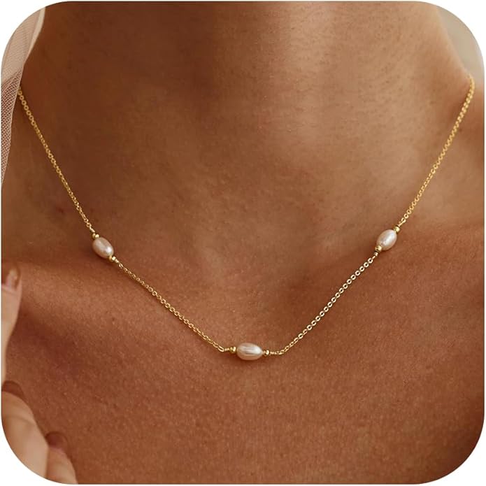 Gold Pearl Necklaces for Women Trendy, 14K Gold Plated Dainty Necklace Simple Layered Pearl Necklaces for Women Trendy Wedding Birthday Jewelry