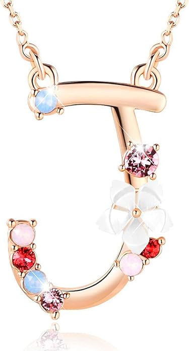 Flower Initial Letter Necklace Pink Red Blue Simulated Pearl Pendant Name Jewelry Made with Austrian Crystals Rose Gold Plated Anniversary Birthday Gifts for Women,18"+2"