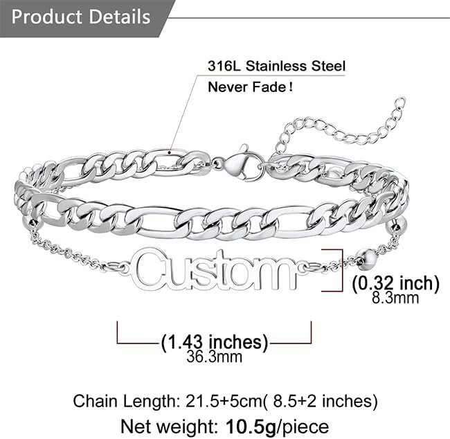 U7 Custom Layered Ankle Bracelets for Women Stainless Steel Bead/Cuban/Figaro/Rope/Wheat Chain Anklet Waterproof Anklet Jewelry for Beach Vacation