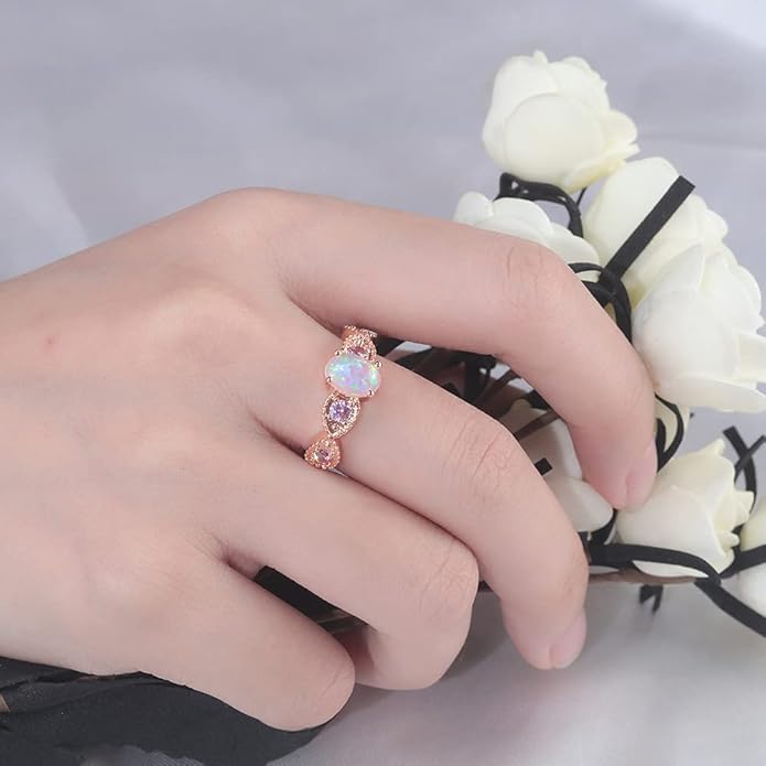 CiNily 18K Gold Plated Opal Ring-White Fire Opal & Amethyst & Cubic Zirconia Women Jewelry Gemstone Engagement Anniversary Ring Size 5-13