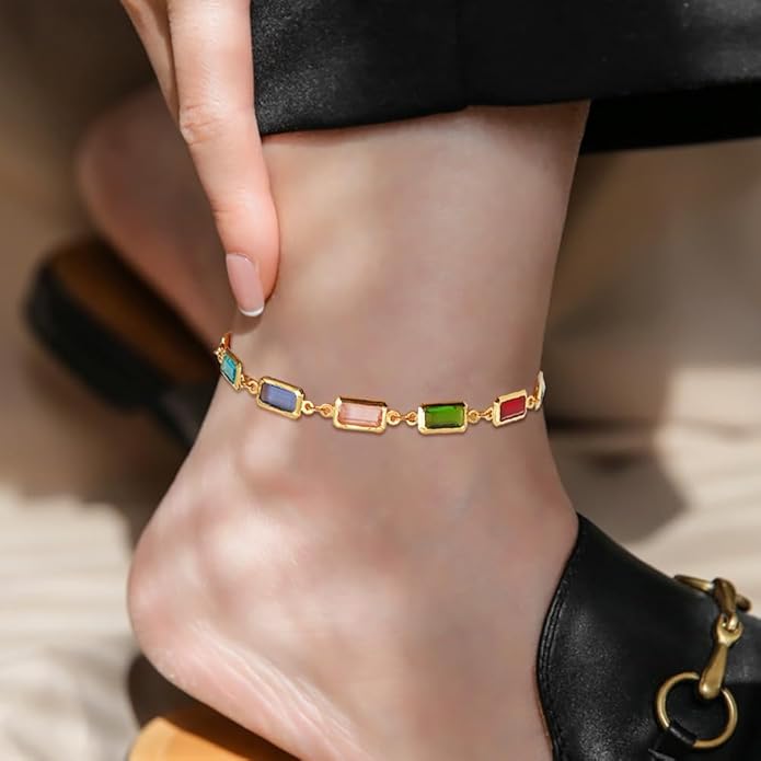 18K Gold Plated Anklet for Women Multicolor Crystal Ankle Bracelets Boho Adjustable Chain Anklets