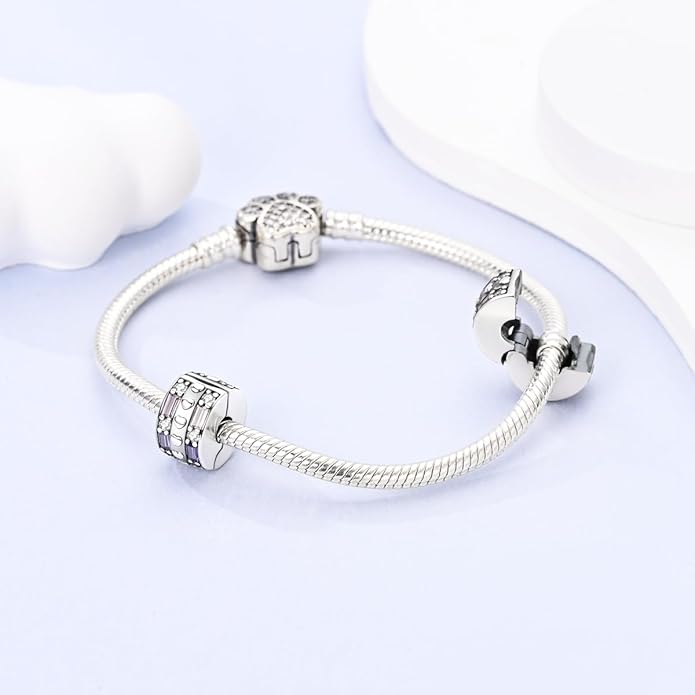 Parmuz Clip Spacer Charm for Bracelet 925 Sterling Silver Pave Cubic Zirconia Lock Stopper Bead Star Moon Evil Eye Jewelry Charm for Woman