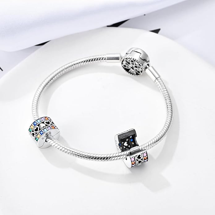 Parmuz Clip Spacer Charm for Bracelet 925 Sterling Silver Pave Cubic Zirconia Lock Stopper Bead Star Moon Evil Eye Jewelry Charm for Woman