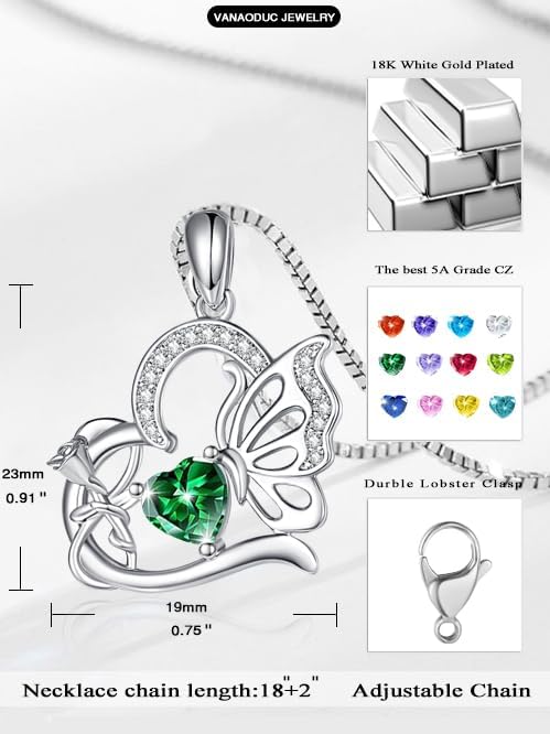 Birthstone Heart butterfly Necklace for Women, Infinity Pendant 14K Gold /18K White Gold Womens Necklaces, Jewelry Anniversary Birthday Christmas Gifts for Her Mom Wife﻿