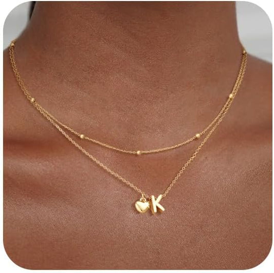 adoyi Gold Necklace for Women Layered Bubble Heart Letter Initial Necklaces for Women Trendy Jewelry 14K Gold Plated Chain Chunky Name Necklace Stack Charm A-Z Pendant Set Jewelry Gifts