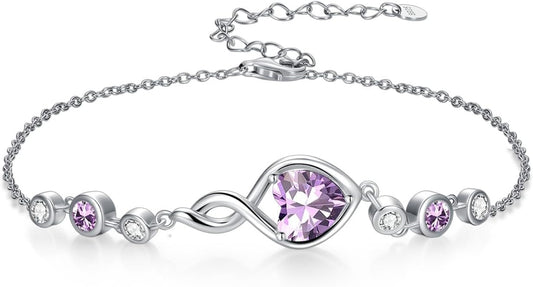 Infinity Birthstone Bracelet 925 Sterling Silver Heart Love Infinity Link Bracelet Fine Jewelry Birthday Christmas Gifts for Women Girlfriend Wife