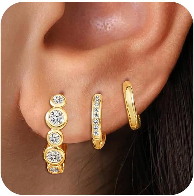 3Pairs Small Gold Huggie Hoop Earrings for Women,Romantic heart,Twisted braid two colors,3 CZ Hoop,5 Round Zircon Sport Hoops Earrings Set,14K Gold Filled Silver Hypoallergenic Earring Excellent gift