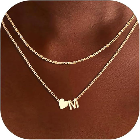 FOCALOOK Layered Initial Necklace for Women, 14K Gold Plated Choker Necklaces Stacks with Initial A-Z, Dainty Silver Heart Pendant Necklace Personalized Birthday Women Jewelry