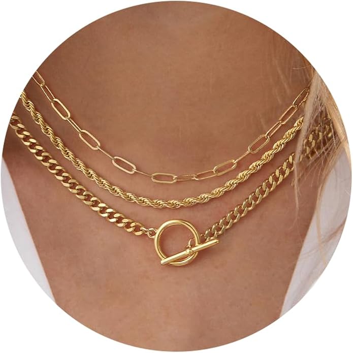 Gold Plated Necklaces for Women - Dainty Layered 14K Gold Plated Stack Paperclip Rope Cuban Toggle Link Chain Choker Necklace Set Chunky Trendy Jewelry Gift
