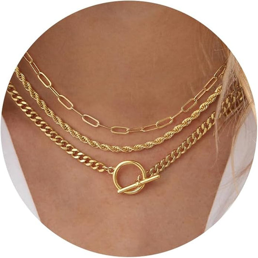 Gold Plated Necklaces for Women - Dainty Layered 14K Gold Plated Stack Paperclip Rope Cuban Toggle Link Chain Choker Necklace Set Chunky Trendy Jewelry Gift