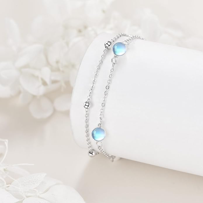 CRMAD Pearl/Moonstone/Larimar/Turquoise/Opal/Black Onyx Bracelet Anklet for Women Sterling Silver Beach Jewelry Gift for Women