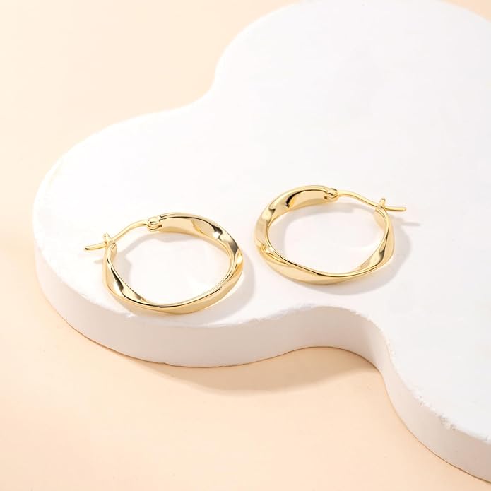 14K Gold Twisted Hoop Earrings for Women Thick Wave Gold Hoops Lightweight Hypoallergenic Elegant Jewelry 25/30MM