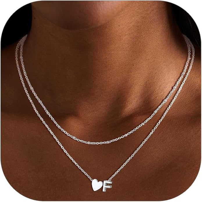 FOCALOOK Layered Initial Necklace for Women, 14K Gold Plated Choker Necklaces Stacks with Initial A-Z, Dainty Silver Heart Pendant Necklace Personalized Birthday Women Jewelry