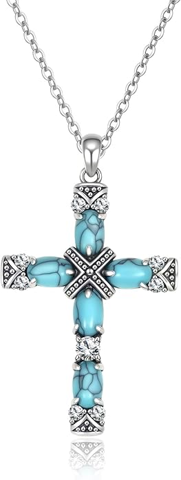 Turquoise Cross Necklace for Women, 925 Silver Western Bohemian Vintage healing Necklace, Faith Spiritual Boho Jewelry, Christian Religious Christmas Birthday Gift for Wife Girlfriend Mom