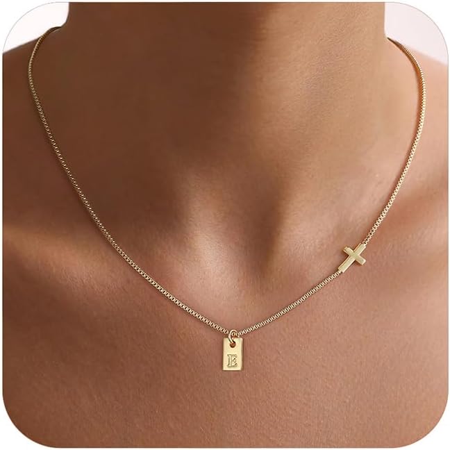 Cross Necklace for Women with Initial, 14K Gold Plated Dainty Cross Pendant Choker Initial Gold Necklace for Women Jewelry Gift