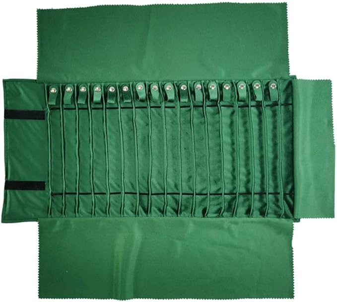 SCIKHEFT Portable Jewelry Roll Untangled Secure Necklace Travel Storage Bag Displays Holder 16 Chain (gray PU and green)