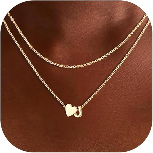 FOCALOOK Layered Initial Necklace for Women, 14K Gold Plated Choker Necklaces Stacks with Initial A-Z, Dainty Silver Heart Pendant Necklace Personalized Birthday Women Jewelry