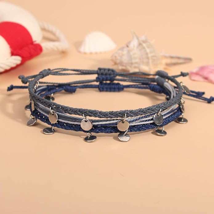 FANCY SHINY String Ankle Bracelets Waterproof Rope Anklets Braided Beach Boho Coin Anklets Cute Friendship Foot Jewelry for Women