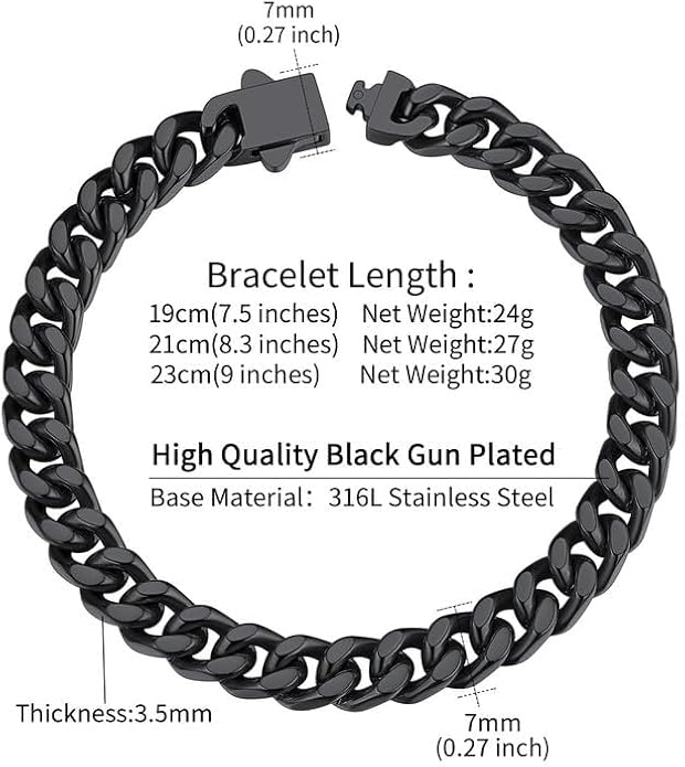 ChainsHouse Stainless Steel Cuban Link Bracelet for Men, 5mm/7mm/9mm/12mm Width, 7.5"/8.3"/9" Length, Black/18K Gold Plated Chain Wrist Bracelets for Men, with Gift Box